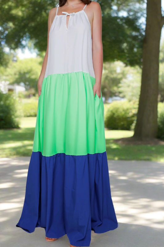 Color block, spaghetti strap, swing maxi dress
