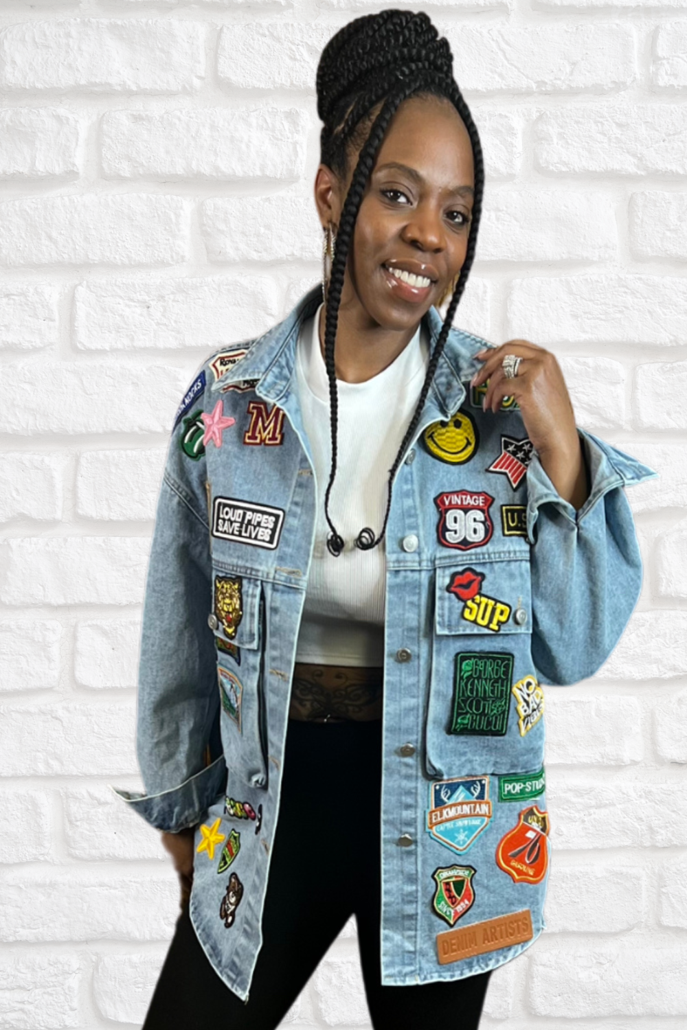 Oversized denim clearance jacket with patches